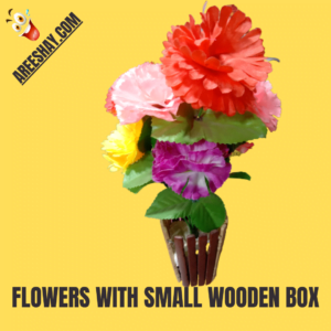 ARTIFICIAL FLOWERS IN A SMALL WOODEN BOX