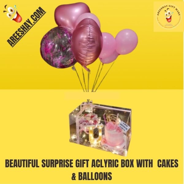 acrylic gift box with cake and balloons