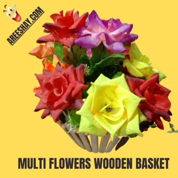 MULTICOLOR ARTIFICIAL FLOWERS IN A WOODEN BASKET