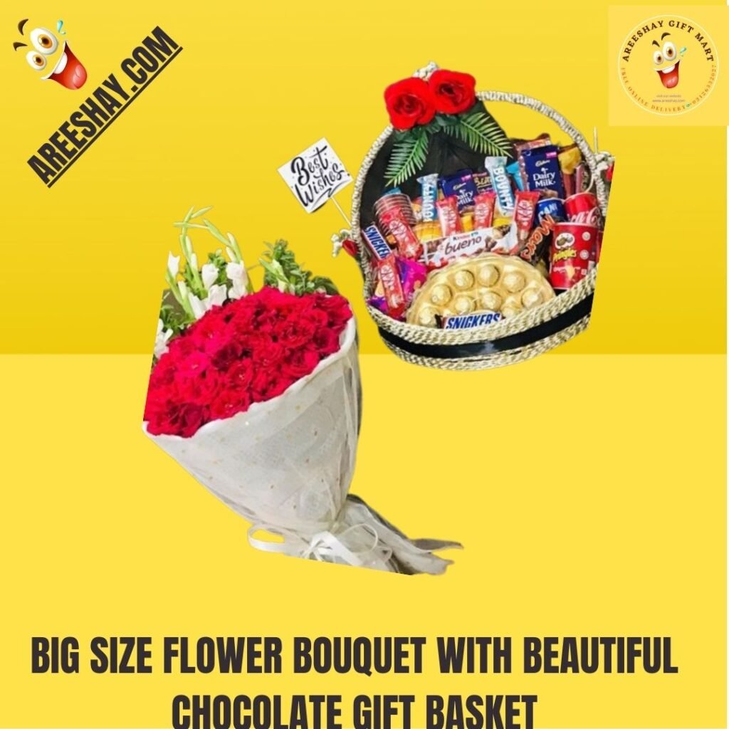 BIG SIZE FLOWER BOUQUET WITH BEAUTIFUL CHOCOLATE GIFT BASKET Send