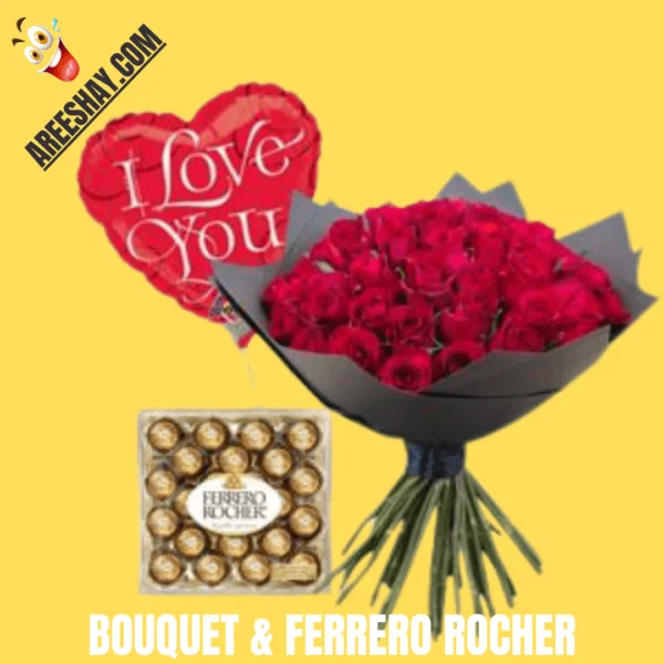 Big Size Fresh Flowers Bouquet Ferrero Rocher And Foil Heart Shape Balloons