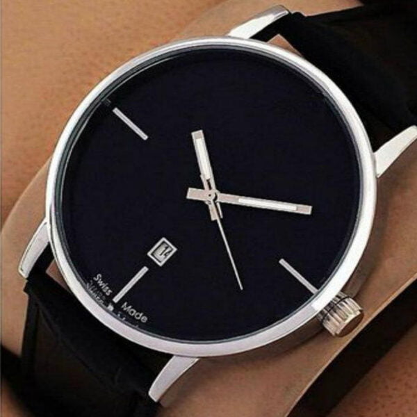 Black Leather Date Watch for Men