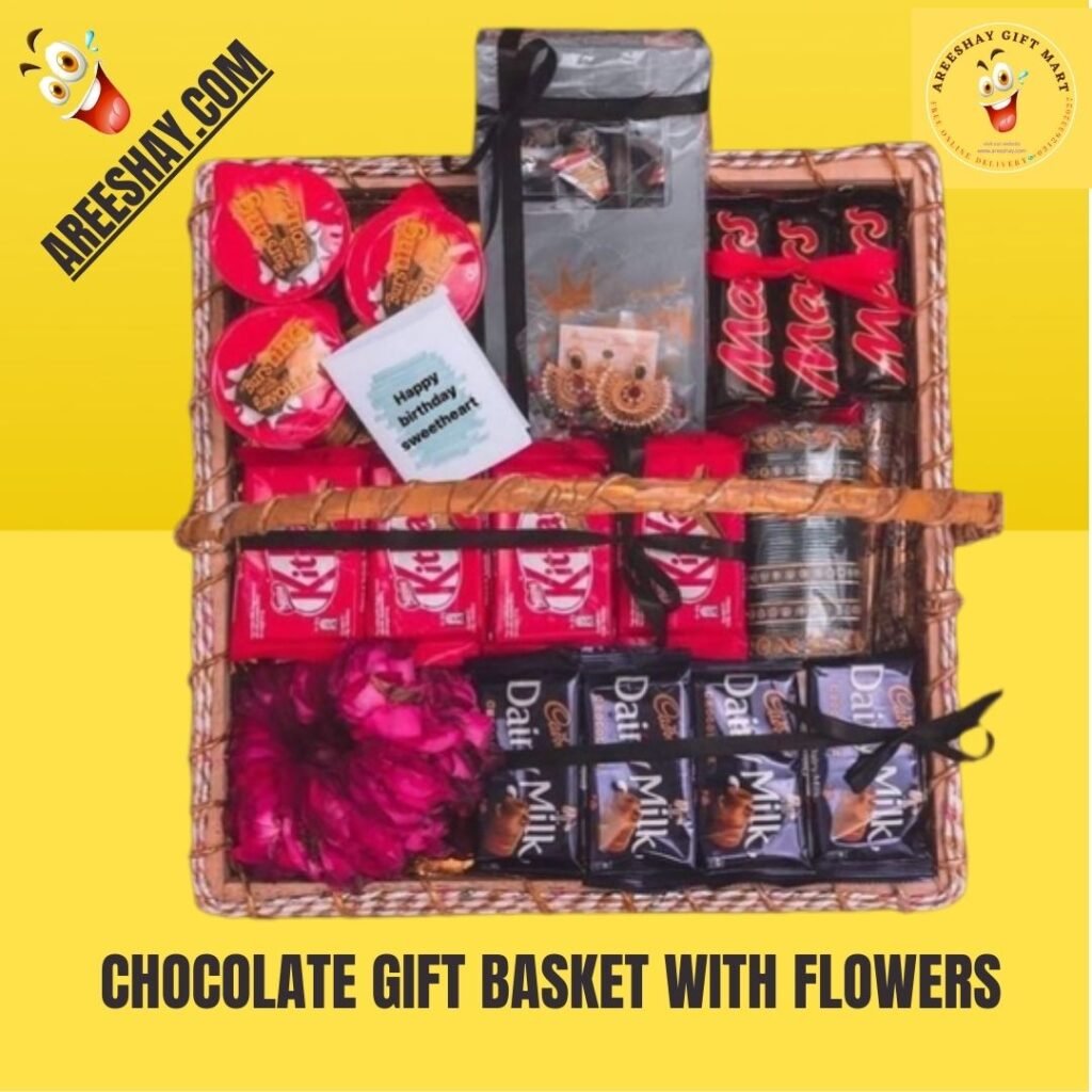 CHOCOLATE GIFT BASKET WITH FLOWERS Send Gifts To Pakistan Same Day