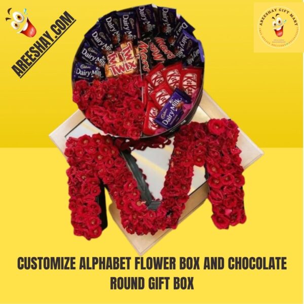 CUSTOMIZE ALPHABET FLOWER BOX AND CHOCOLATE ROUND GIFT BOX