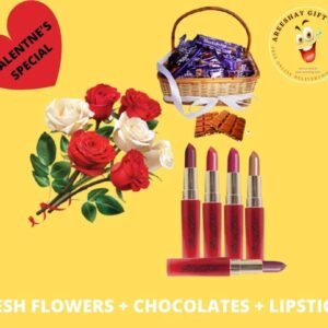 DAIRY MILK FULL BASKET FRESH FLOWERS AND LIPSTICKS COMBO GIFTS