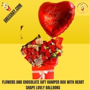 FLOWERS AND CHOCOLATE GIFT HAMPER BOX WITH HEART SHAPE LOVLY BALLOONS