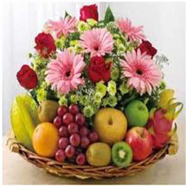 Mixed Fruit Basket With Artificial Flowers