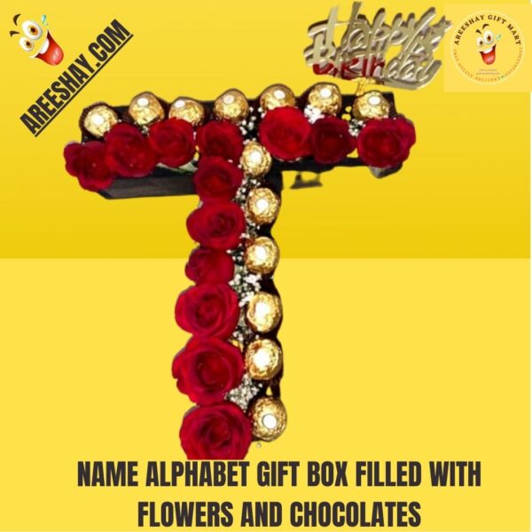 NAME ALPHABET GIFT BOX FILLED WITH FLOWERS AND CHOCOLATES