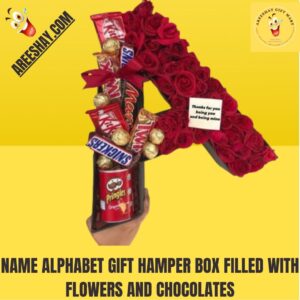 NAME ALPHABET GIFT HAMPER BOX FILLED WITH FLOWERS AND CHOCOLATES