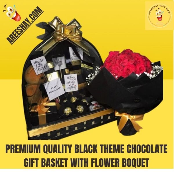 PREMIUM QUALITY BLACK THEME CHOCOLATE GIFT BASKET WITH FLOWER BOQUET