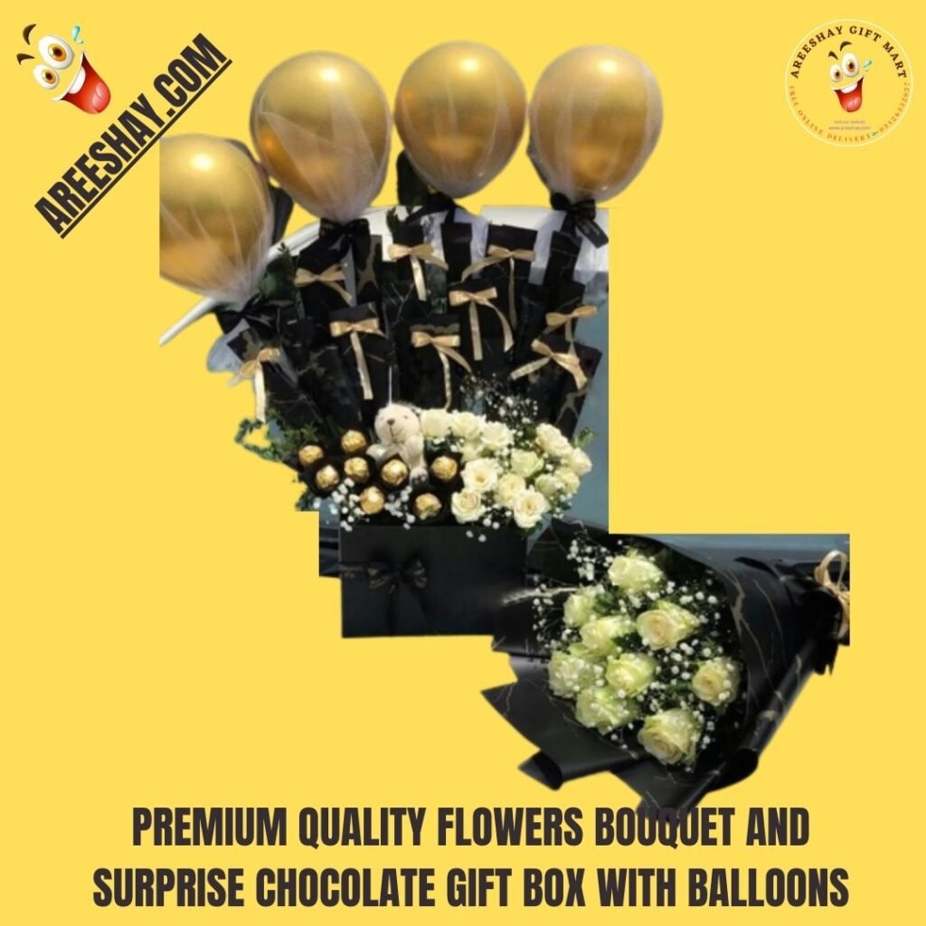 PREMIUM QUALITY FLOWERS BOUQUET AND SURPRISE CHOCOLATE GIFT BOX WITH BALLOONS Send Gifts To