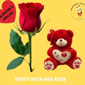 RED BIG TEDDY WITH SINGLE RED ROSE