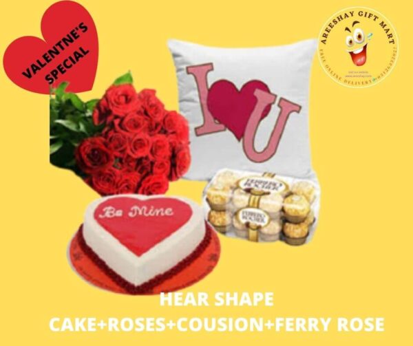 RED ROSES COUSIN HEART SHAPE CAKE AND FERRERO ROCHER COMBO GIFTS