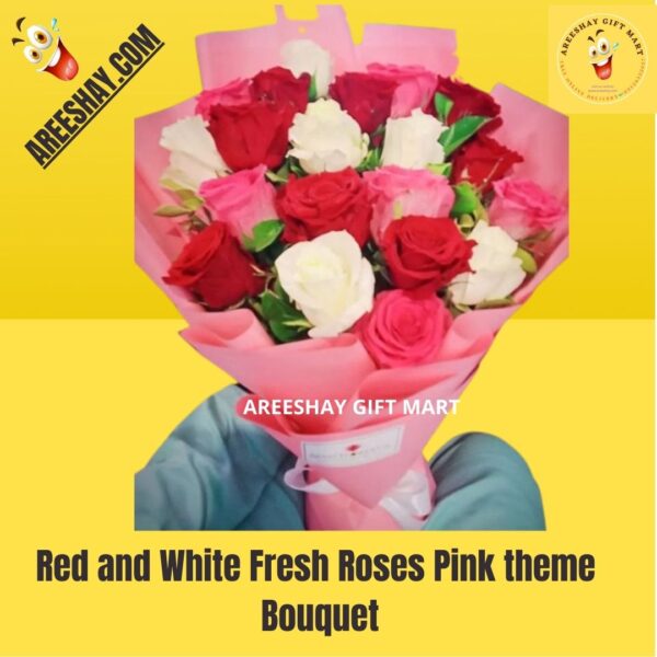 Red and White Fresh Roses Pink theme Bouquet