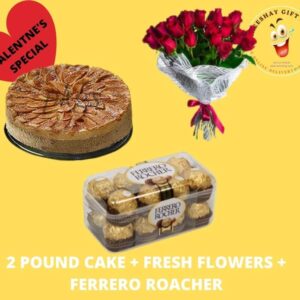 TWO POUND CAKE FRESH FLOWERS AND FERRERO ROCHER COMBO GIFTS