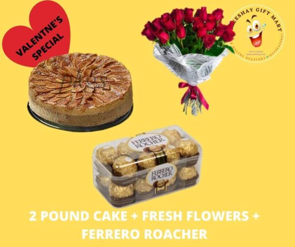 TWO POUND CAKE FRESH FLOWERS AND FERRERO ROCHER COMBO GIFTS