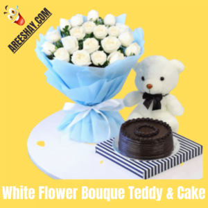 WHITE FLOWERS BOUQUET TEDDY & FRESH CAKE