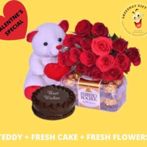 WHITE TEDDY FRESH FLOWERS AND CREAM CAKE COMBO GIFTS