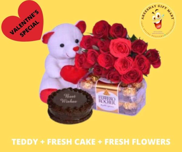 WHITE TEDDY FRESH FLOWERS AND CREAM CAKE COMBO GIFTS
