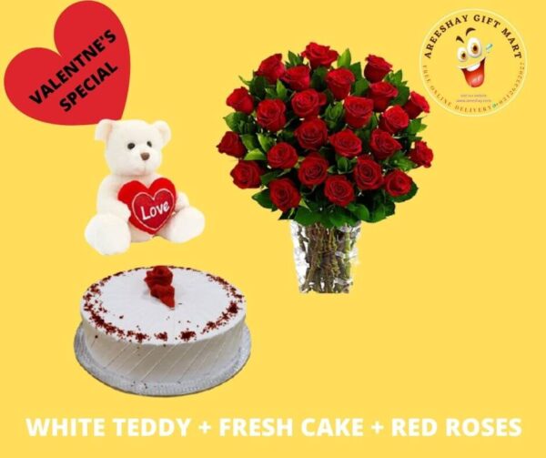 WHITE TEDDY WHITE FRESH CAKE AND TWO DOZEN FRESH FLOWERS COMBO GIFTS