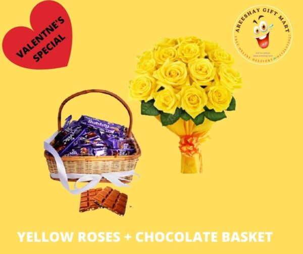 YELLOW ROSES WITH DAIRY MILK ALL CHOCOLATE BASKET