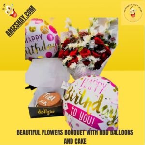 BEAUTIFUL FLOWERS BOUQUET WITH HBD BALLOONS AND CAKE