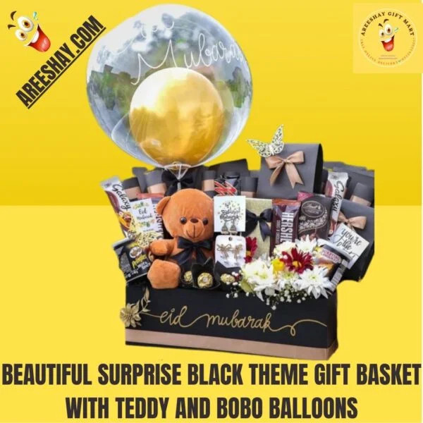 BEAUTIFUL SURPRISE BLACK THEME GIFT BASKET WITH TEDDY AND BOBO BALLOONS