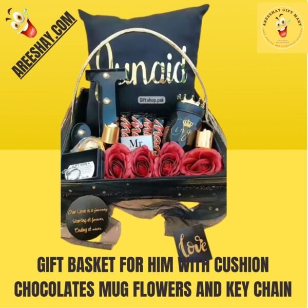 GIFT BASKET FOR HIM WITH CUSHION CHOCOLATES MUG FLOWERS AND KEY CHAIN