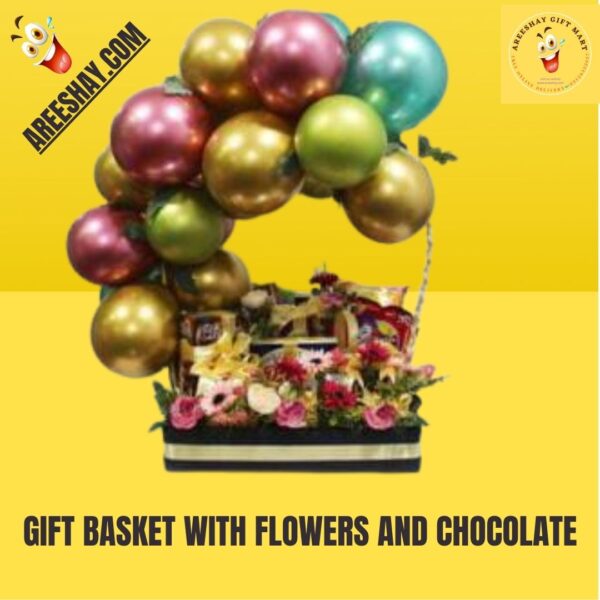 GIFT BASKET WITH FLOWERS AND CHOCOLATE