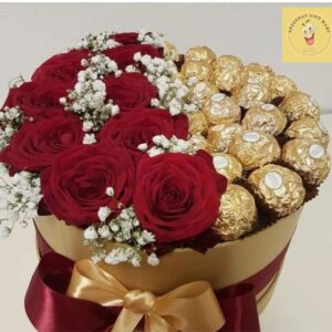 IMPORTED FLOWERS WITH FERRARO ROCHER IN ROUND BOX