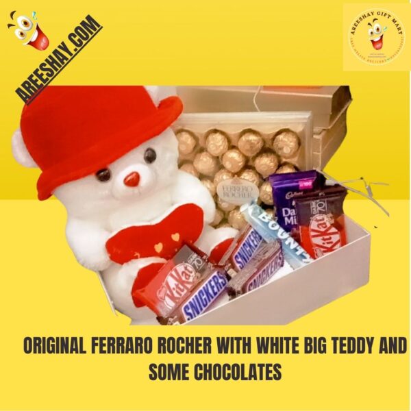 ORIGINAL FERRARO ROCHER WITH WHITE BIG TEDDY AND SOME CHOCOLATES.