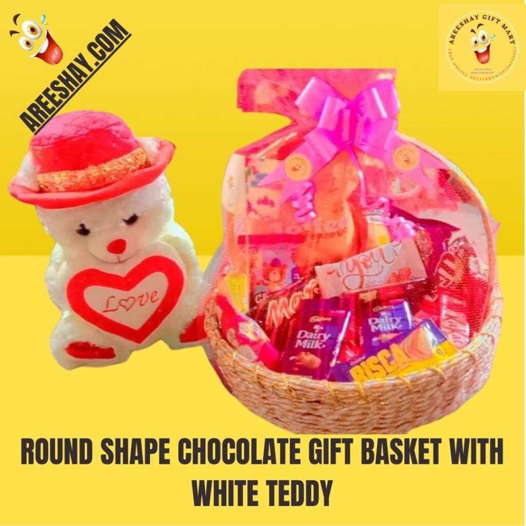 WHITE BIG TEDDY WITH ROUND GIFT BASKET | Send Gifts To Pakistan | Same ...