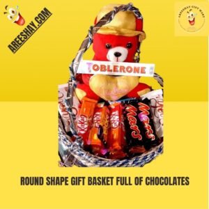 ROUND SHAPE GIFT BASKET FULL OF CHOCOLATES.