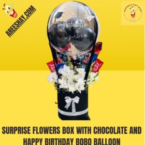 SURPRISE FLOWERS BOX WITH CHOCOLATE AND HAPPY BIRTHDAY BOBO BALLOON