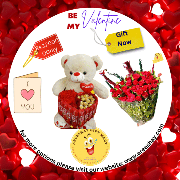 BIG TEDDY KITKAT HEART WITH FERRY ROSE AND FLOWERS BOUQUET