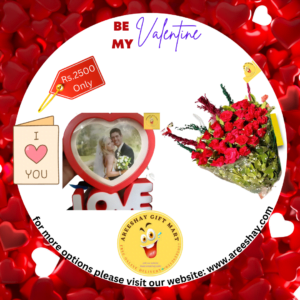 RED COLOUR PHOTO FRAME WITH FRESH FLOWERS BOUQUET