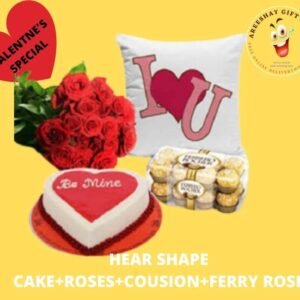 RED ROSES COUSION HEART SHAPE CAKE AND FERRARO ROACHER COMBO GIFTS