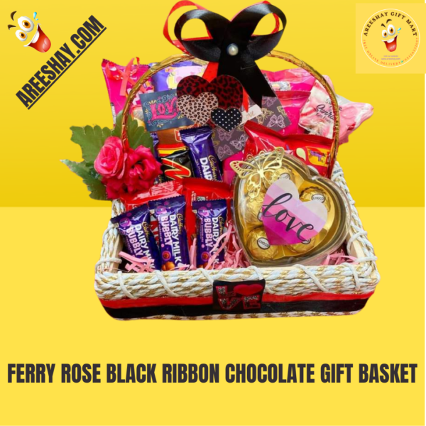 FERRY ROSE BLACK RIBBON CHOCOLATE GIFT BASKET